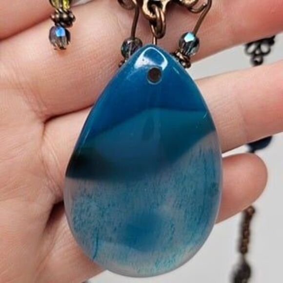 Blue Agate 2"L Pendant Brass Gold Facet Cat's Eyes Bead Necklace 22.5"L - Picture 6 of 6